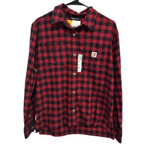 Carhartt Womens Medium Rugged Flex Loose Fit Flannel Top Red Black Buffalo Plaid